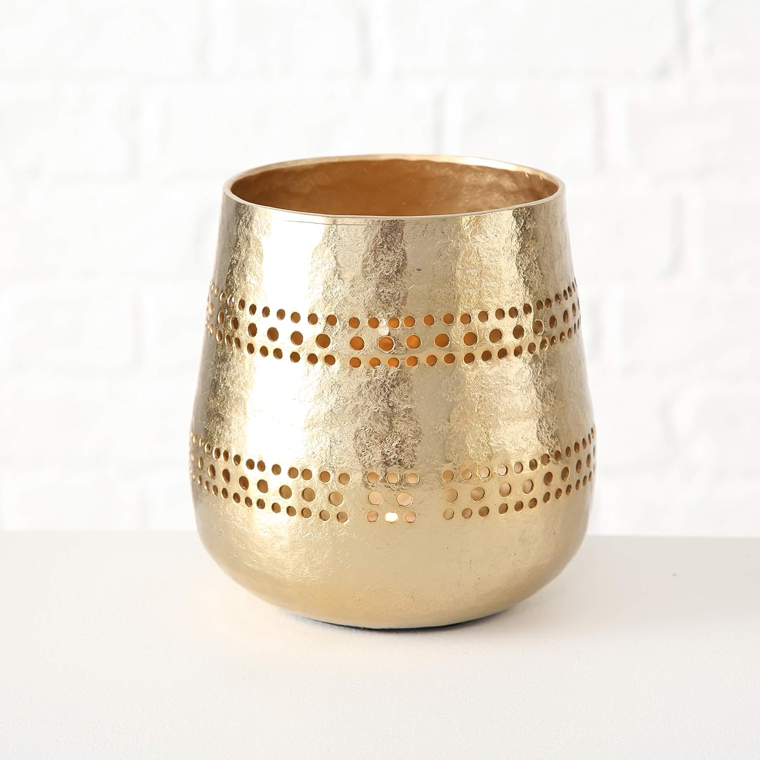 Golden Gilt Metal Votive Candle Holders, Chubby Belly Hurricanes, Set of 2, Textured Surface, 7.5 Diameter x 7.5 Tall, and 5 Diameter x 5 Tall Inches: Kitchen & Dining