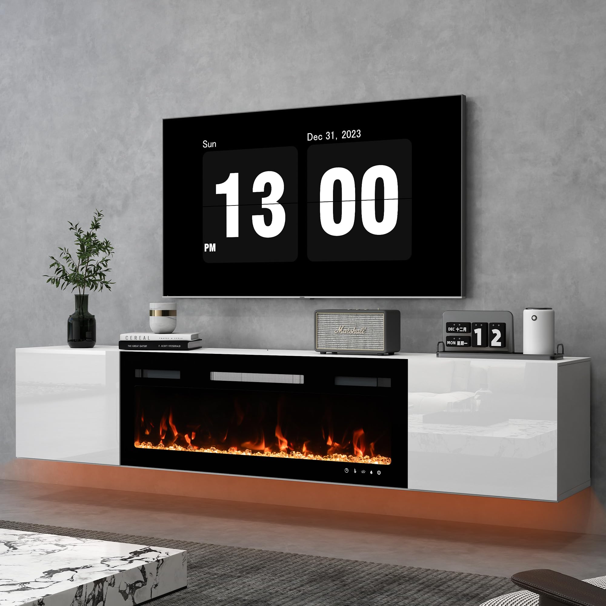 Photo 1 of Floating TV Stand with 40" Electric Fireplace, 80" Wall Mounted TV Shelf with Storage Cabinet, Modern Entertainment Center Media Console with Remote Control, LED Lights, Up to 90 Inch TV, White