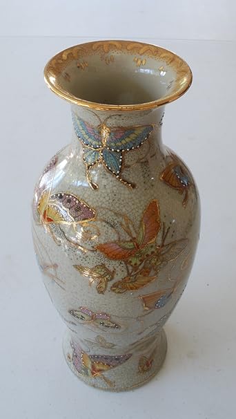 Vintage Porcelain Vase 12 Inch Chinese Butterfly Satsuma Hand