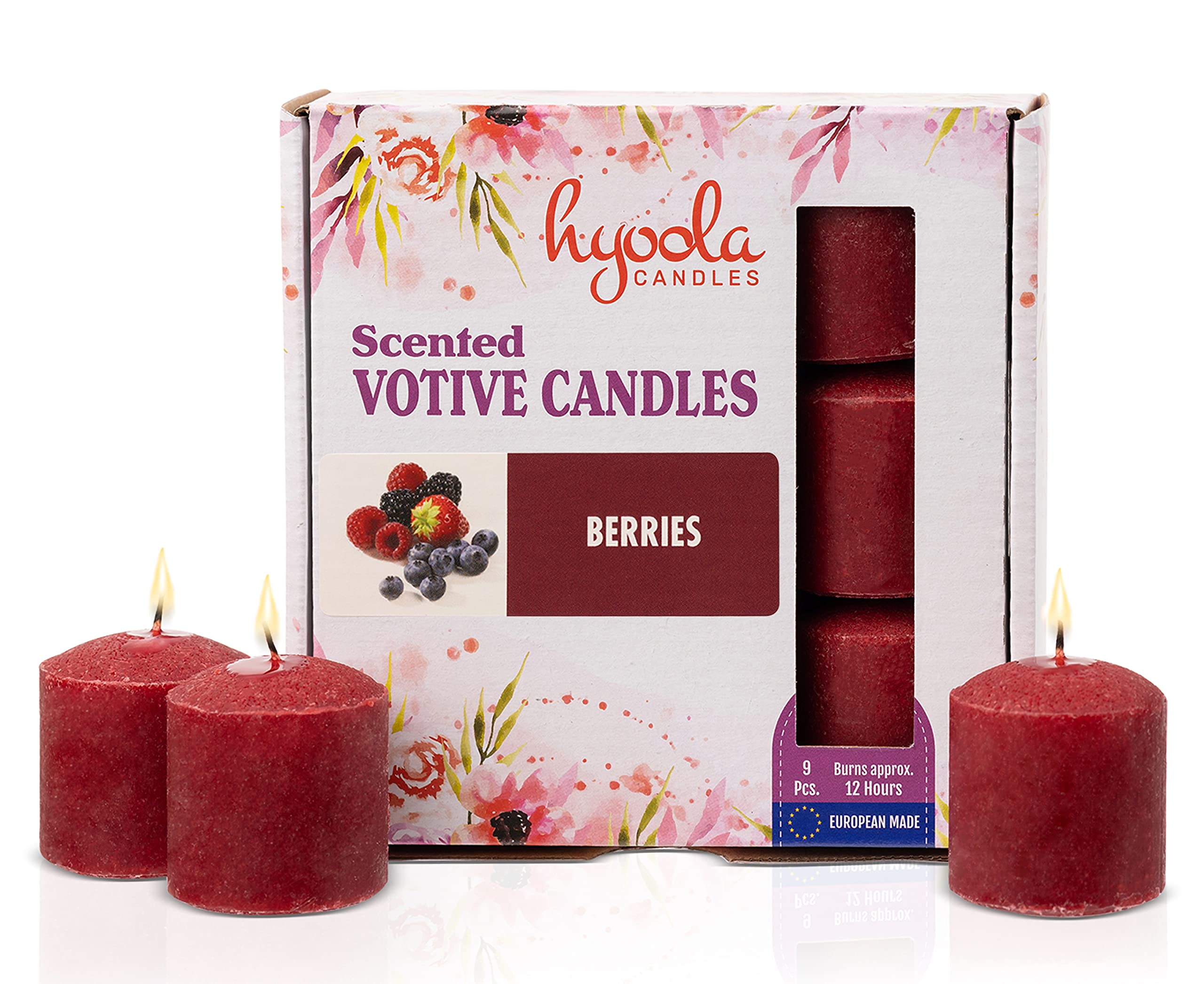 HYOOLA Scented Votive Candles - Berries Votive Candles Scented -12 Hour Burn Time - 9 Pack - European Made
