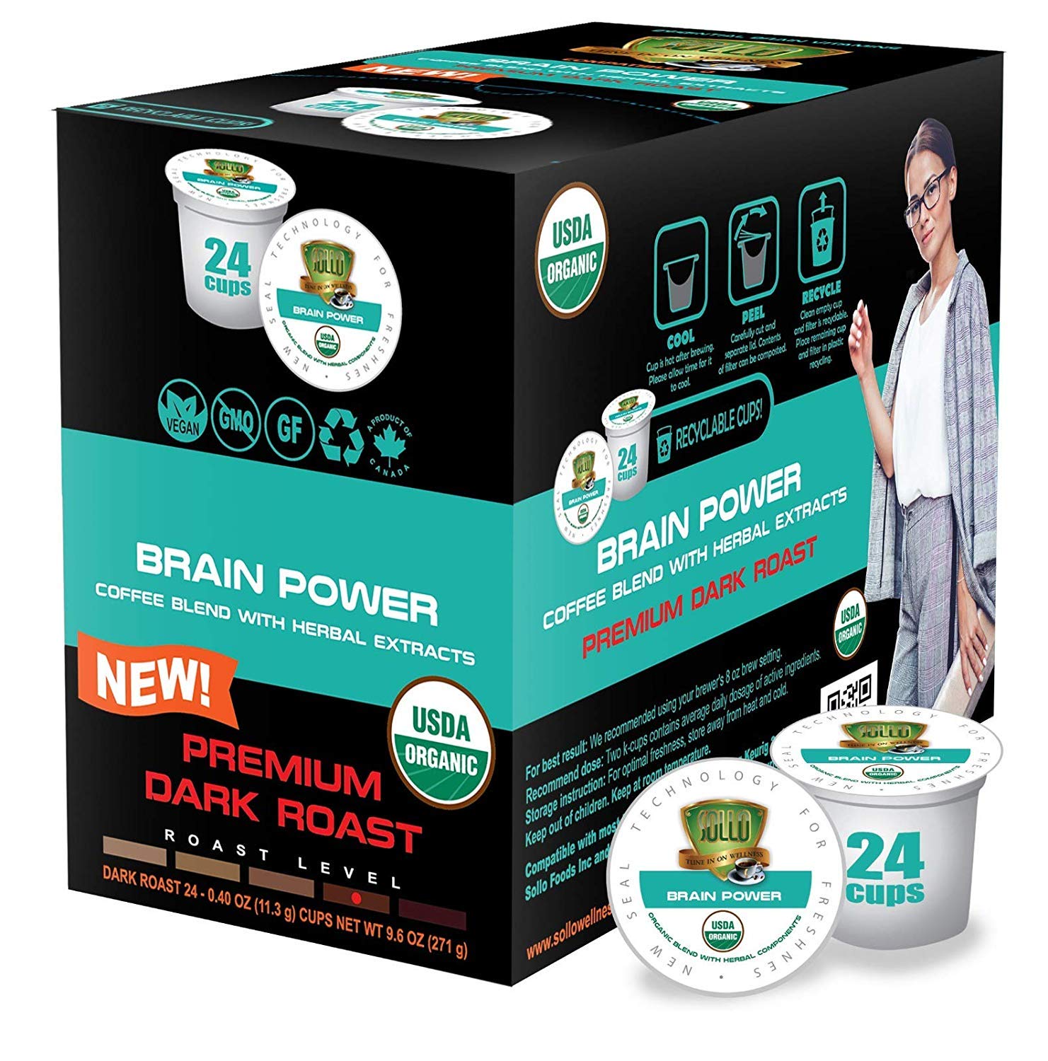 SOLLO Brain Power Dark Coffee Pods MCT, Acai & Vitamins B1, B5, B6, B9, B12, D3 Nootropic Brain Booster- Improves Memory & Focus Compatible with 2.0 K-Cup Keurig Brewers, 24 Count