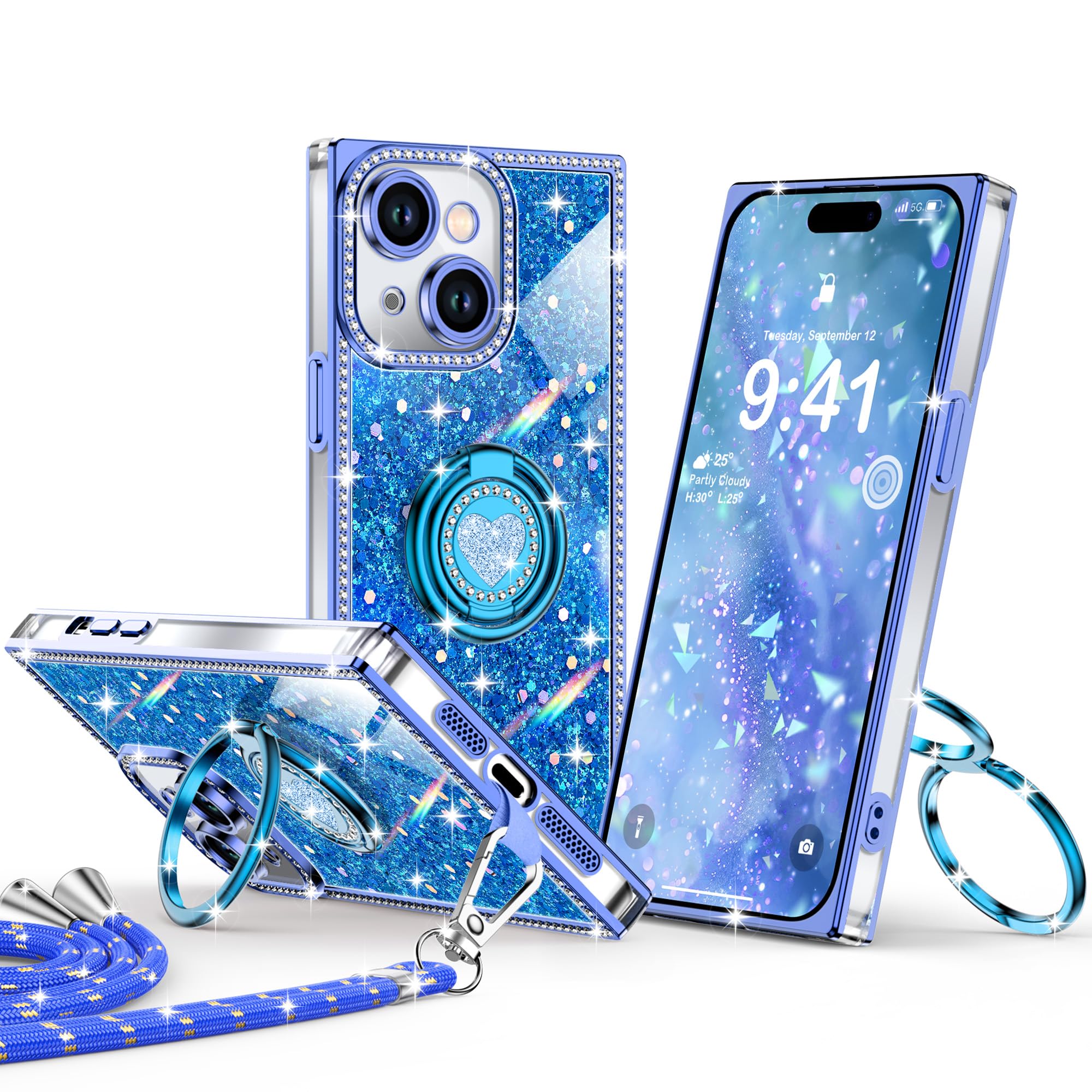XYZ for iPhone 15 Case, Glitter Bling Phone Cover with 2-Ring Heart Stand & Lanyard, Women Girls Luxury Rhinestone Shockproof Protective Case for iPhone 15, Blue