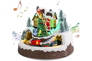 Bshine Christmas Village House, Santa Claus and Rotatable Train Christmas Ornaments 7x8.6 Inch Musical with LED Lights Collectible Building for Christmas Indoor Home Desktop Decoration
