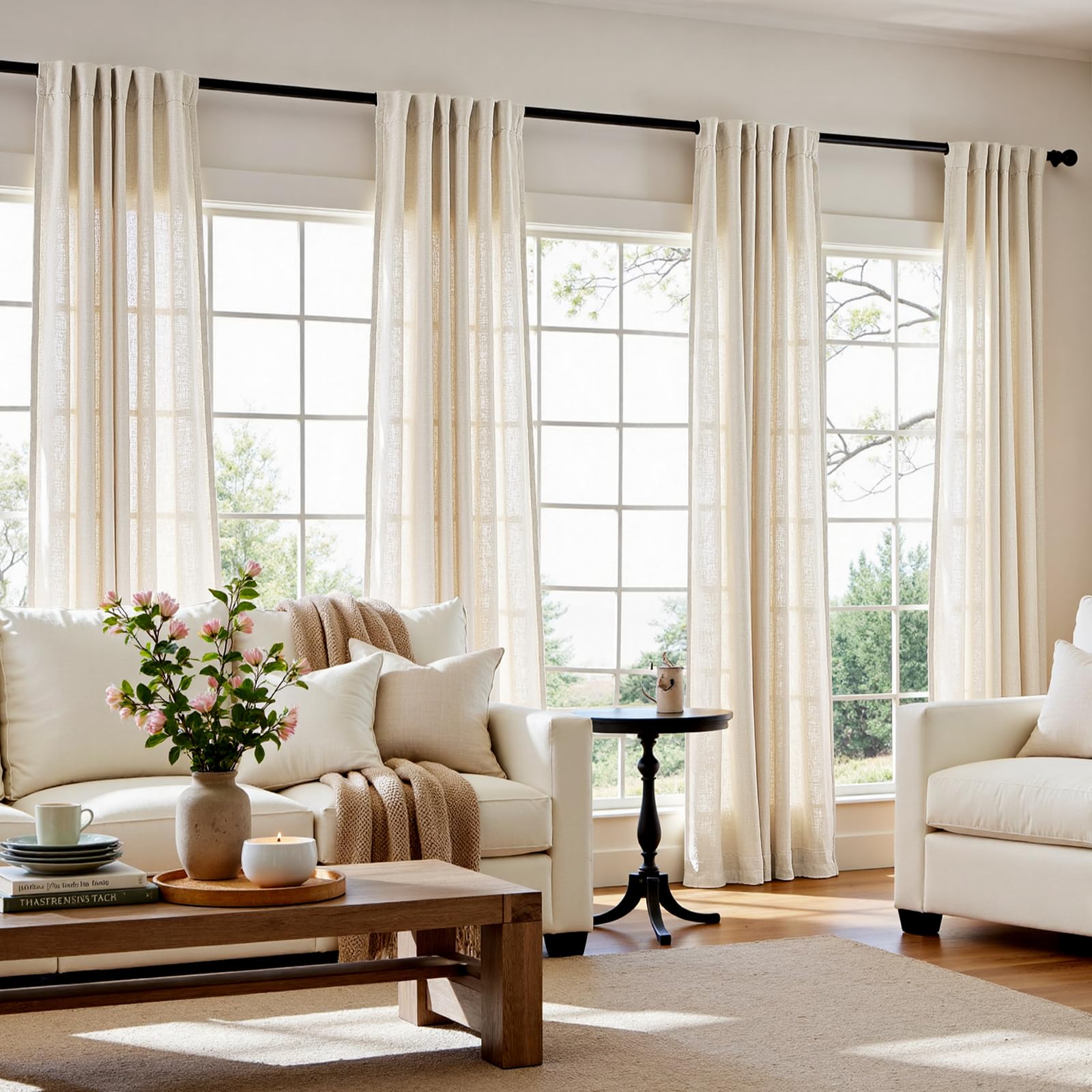 Photo 1 of jinchan Ecru Natural Linen Blend Curtains 96 Inches Length for Living Room Divider Sliding Door Farmhouse Rod Pocket Back Tab Light Filtering Drapes Lightweight Curtains for Bedroom 4 Panels