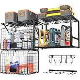 ThreeHio Garage Shelf Wall Mounted with Wire baskets, Heavy Duty Garage Wall Shelving with Garden Tool Rack and Hooks, Wire Shelf Baskets Tool Organizer for Home Garden Yard Organization and Storage