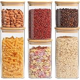 ComSaf Glass Pantry Storage Containers (0.7Qt/1.2Qt/1.6Qt) Set of 6, Square | Glass Storage Containers with Lids, Kitchen Canisters, Pantry Jar, Bamboo Lid with Silicone Seal, Flour Cereal Tea, BPA Free