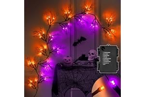 LEASEN [8 Modes & Timer] 6 Ft 45 LED Halloween Willow Vine Twig Halloween Garland Decorations Orange & Purple Lights, Battery Operated Waterproof Halloween Decorations for Home Wall Fireplace Mantle Decor