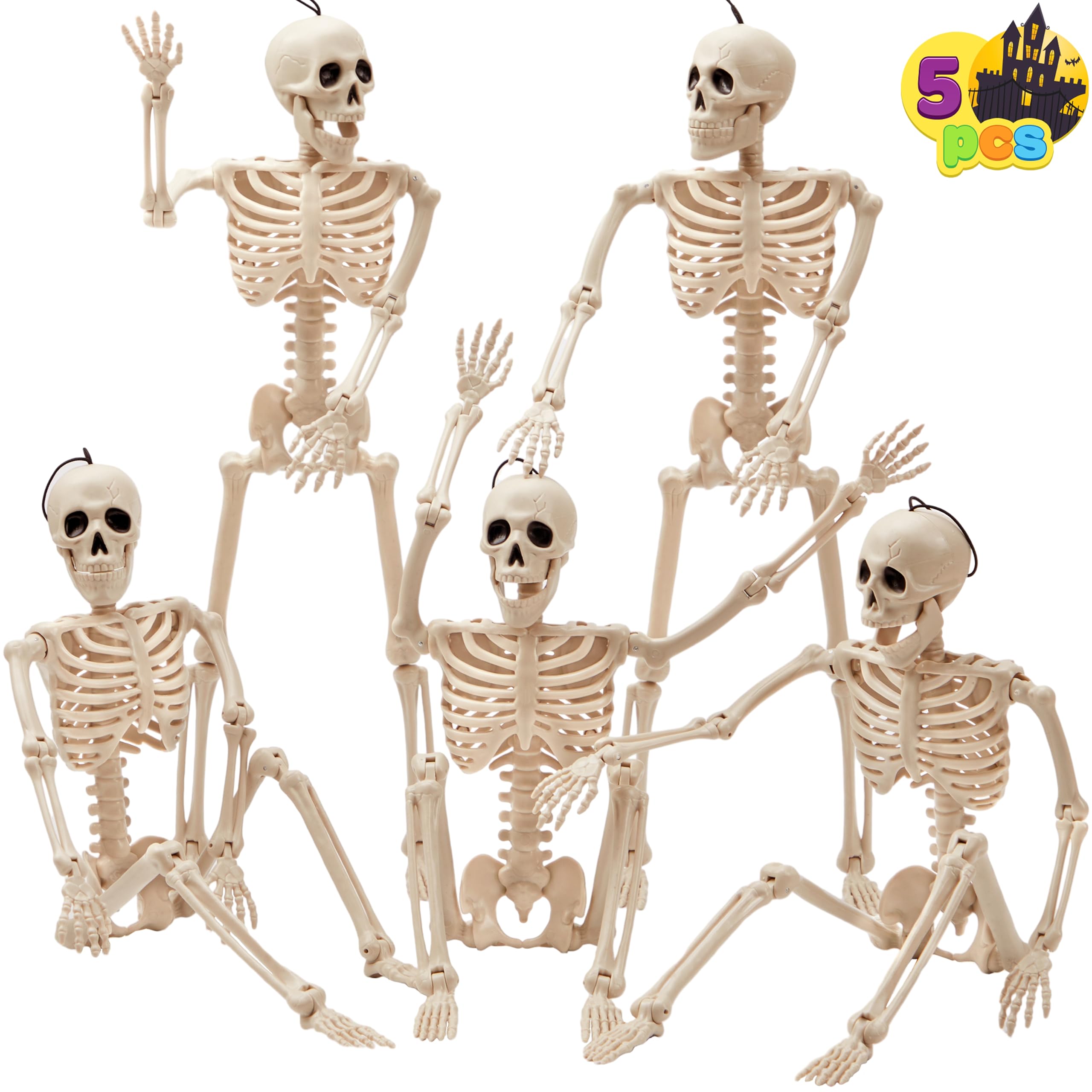Photo 1 of JOYIN 5 PCS Posable Halloween Skeleton Decor 16 Inches, Full Body Posable Joints Hanging Skeletons for Halloween Decorations, Graveyard Props, Haunted House Accessories, Spooky Scene Party Favors