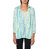 Ali Miles Women's Knit Button Front Blouse with Tank Point Collar Three Quarters Sleeves