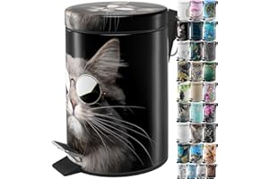 Sanilo Small Bathroom Trash Can with Lid [1.3 Gallon] - Lidded Tiny Trashcan for Garbage - Mini Metal Bin with Soft Closing Mechanism - Bath Room Accessoire Wastebin with Inner Bucket (Cool Cat)