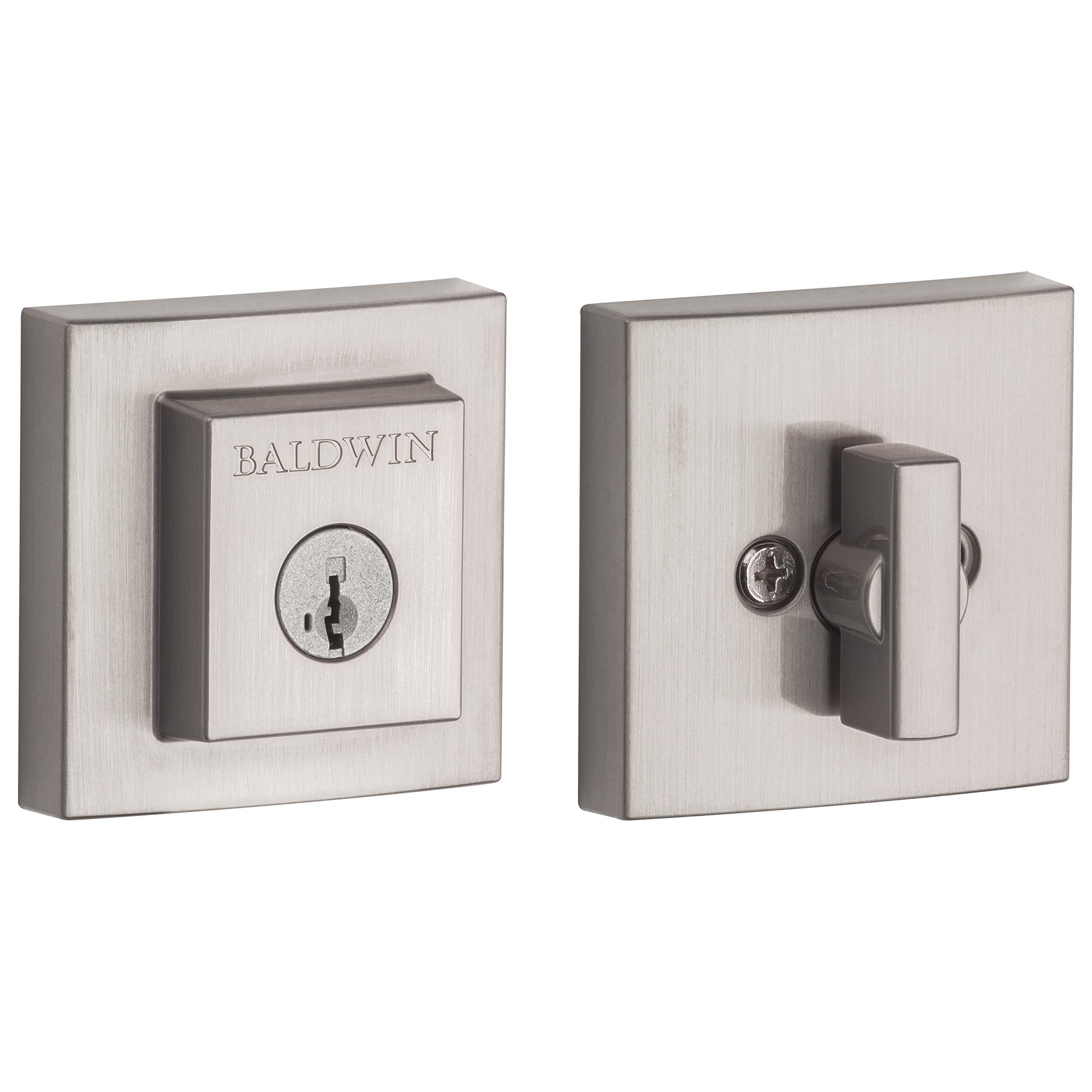 Baldwin Prestige 380 Square Single Cylinder Deadbolt Featuring SmartKey in Satin Nickel