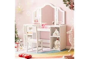 GarveeHome Kids Vanity with Lights Storage Cabinet & Touch Light Detachable Tri-Folding Mirror, 2 in 1 Toddler Vanity Table & Chair Set Wooden Girls Vanity Dress Table for Girls
