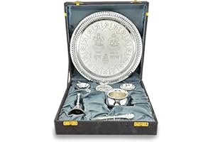 BENGALEN Pooja Thali Set Silver Plated with Grey Gift Box Designed 22 cm Puja Plate Kalash Bowl Ghanti Spoon Dhup Dan Diya for Home Office Diwali Wedding Return Gift Items