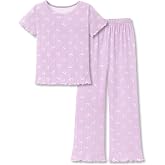 Beezizac Girls Pointelle Knit Pajamass, Flared Wide-Leg Pants, Sizes 6-18 | 2-Piece Breathable Floral PJs, Lettuce Trim, Short-Sleeve Crewneck, Elastic Waist, Raised Texture, Durable, Little &amp; Big Kids