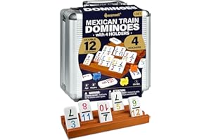 Mexican Train Dominoes Set with Numbers and 4 Holders - Wooden Hub and Domino Holders - Double 12 with Numbers