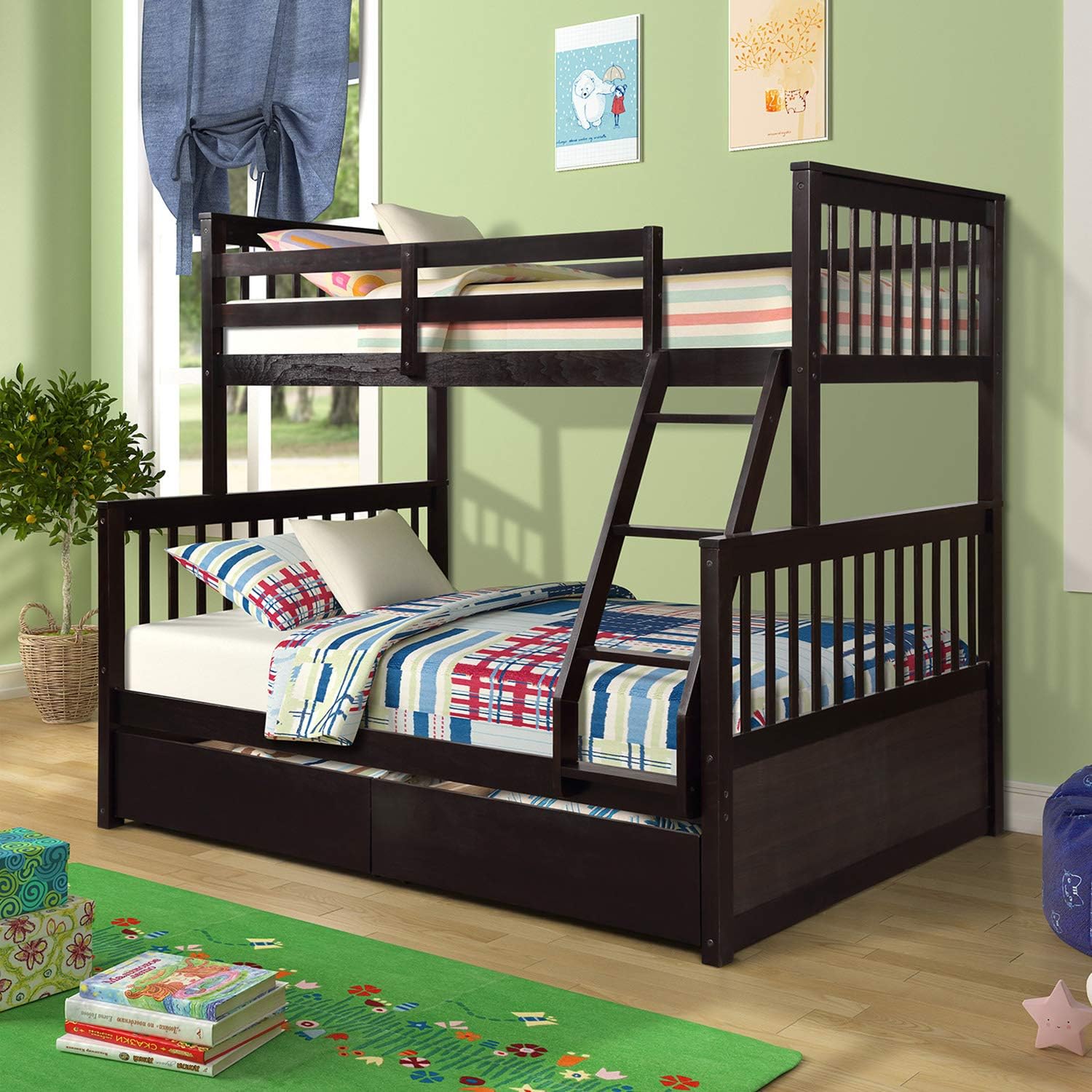 Twin Over Full Bunk Bed, Hinpia Solid Wood Bunk Beds Frame with 2 Storage Drawers, Safety Guard Rail and Ladder, Convertible to 2 Separated Beds, Perfect for Kids, Teens, Boys and Girls (Espresso)
