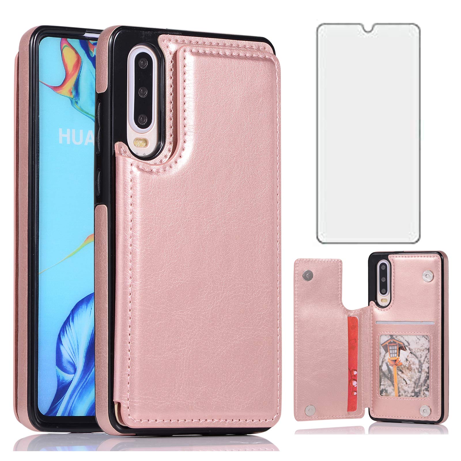 Asuwish Compatible with Huawei P30 Wallet Case Tempered Glass Screen Protector Card Holder Cover Shockproof Leather Filp Stand Cell Accessories Phone Cases for Hawaii P 30 ELE-L29 Women Men Rose Gold