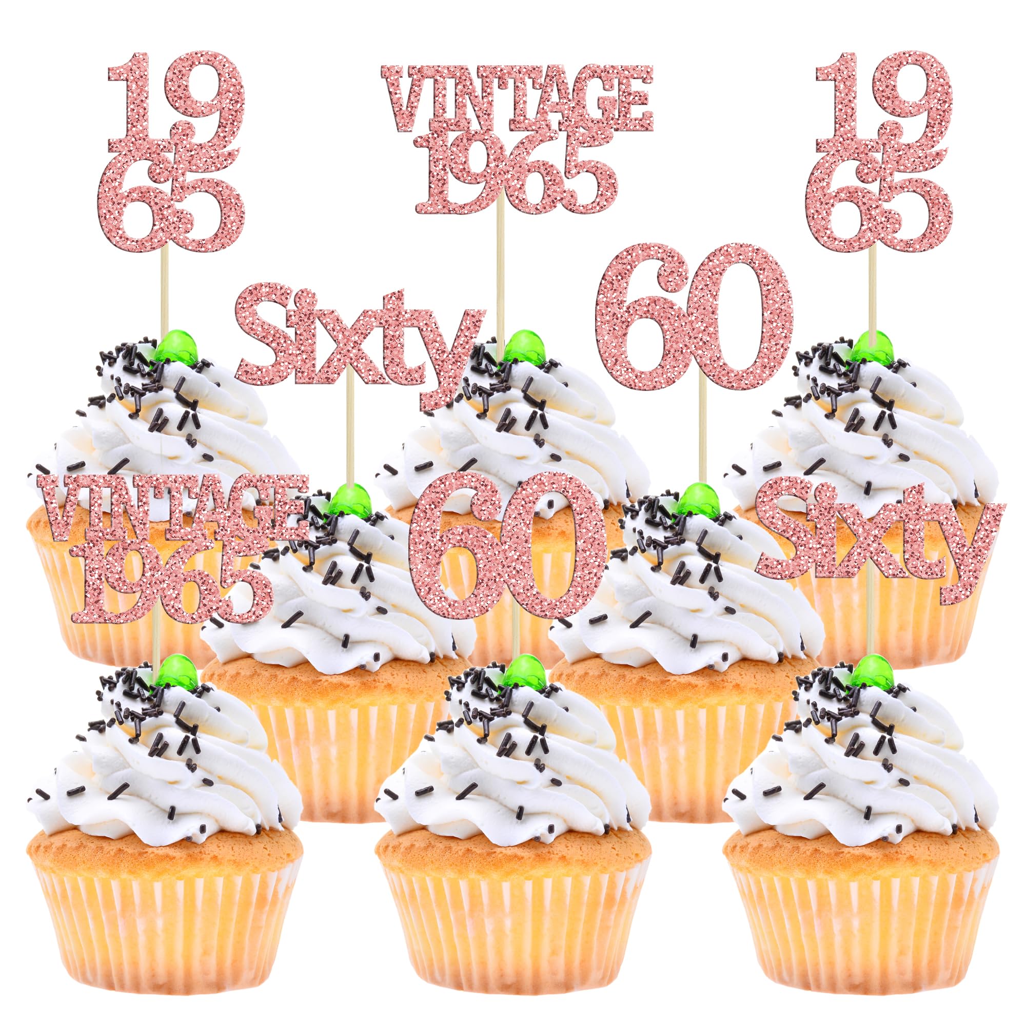 Gyufise 24Pcs 60th Birthday Cupcake Toppers Cheers to 60 Fabulous Sixty Cupcake Picks Vintage 1965 Decorations for 60th Birthday Wedding Anniversary Party Cake Decorations Supplies Rose Gold