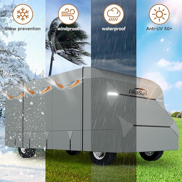 DIKASUN CLASS C RV COVER 23′ ~ 26′, 7 LAYERS TOP MOTORHOME COVER, HEAVY DUTY ANTI-UV CAMPER COVER WINDPROOF RIPSTOP CLASS C TRAVEL TRAILER COVER