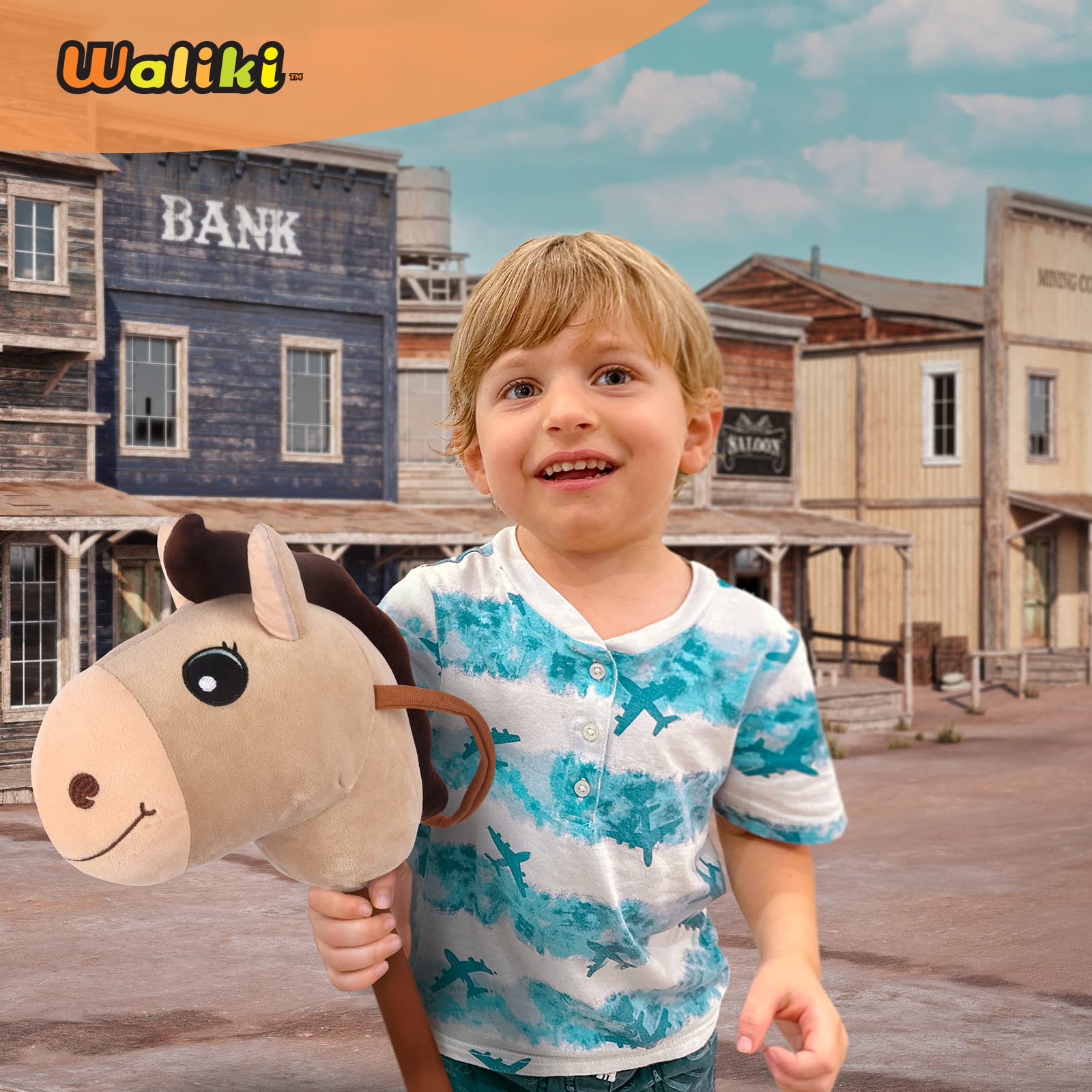 WALIKI Stick Horse Toy for Boys and Girls | Cool Cowboy Ride-On Toy | Fun Birthday Gift for Kids Ages 3 4 5 6 | Active Pretend Play for Toddlers & Preschoolers (Beige)
