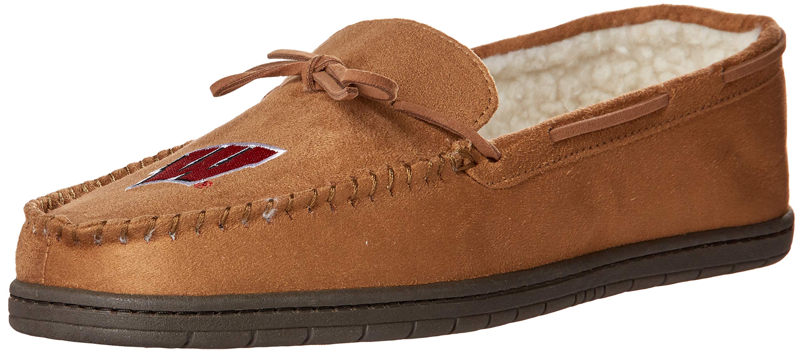 FOCO NCAA Wisconsin Badgers Mens College Team Logo Moccasin Slippers, Tan, Small (7-8) Image