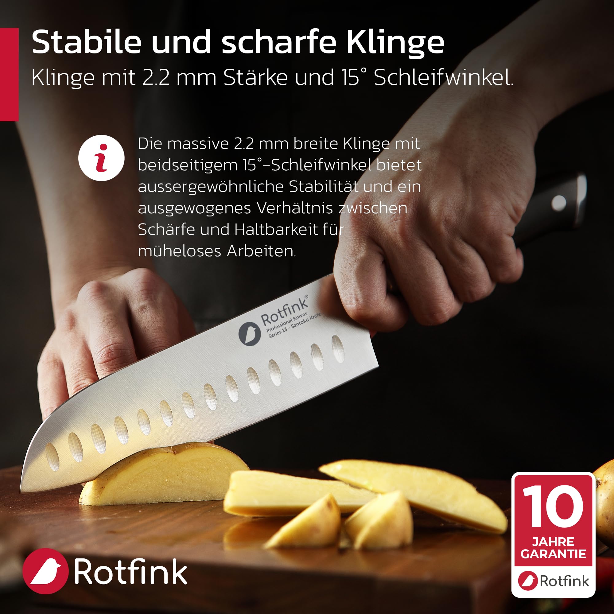 ROTFINK Santoku Messer 18 cm, Profi Küchenmesser scharf, Kochmesser, Fleischmesser, Edelstahl 56-58 HRC, ergonomischer Ebenholz-Griff, 15° Schleifwinkel, Geschenkbox, 10 Jahre Garantie 3