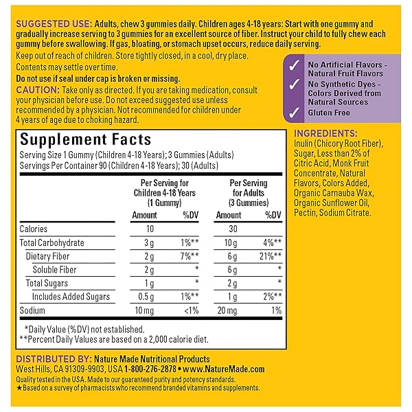 NATURE MADE PREBIOTIC FIBER GUMMIES FOR ADULTS AND KIDS, FIBER SUPPLEMENT FOR DIGESTIVE SYSTEM SUPPORT, 90 GUMMIES