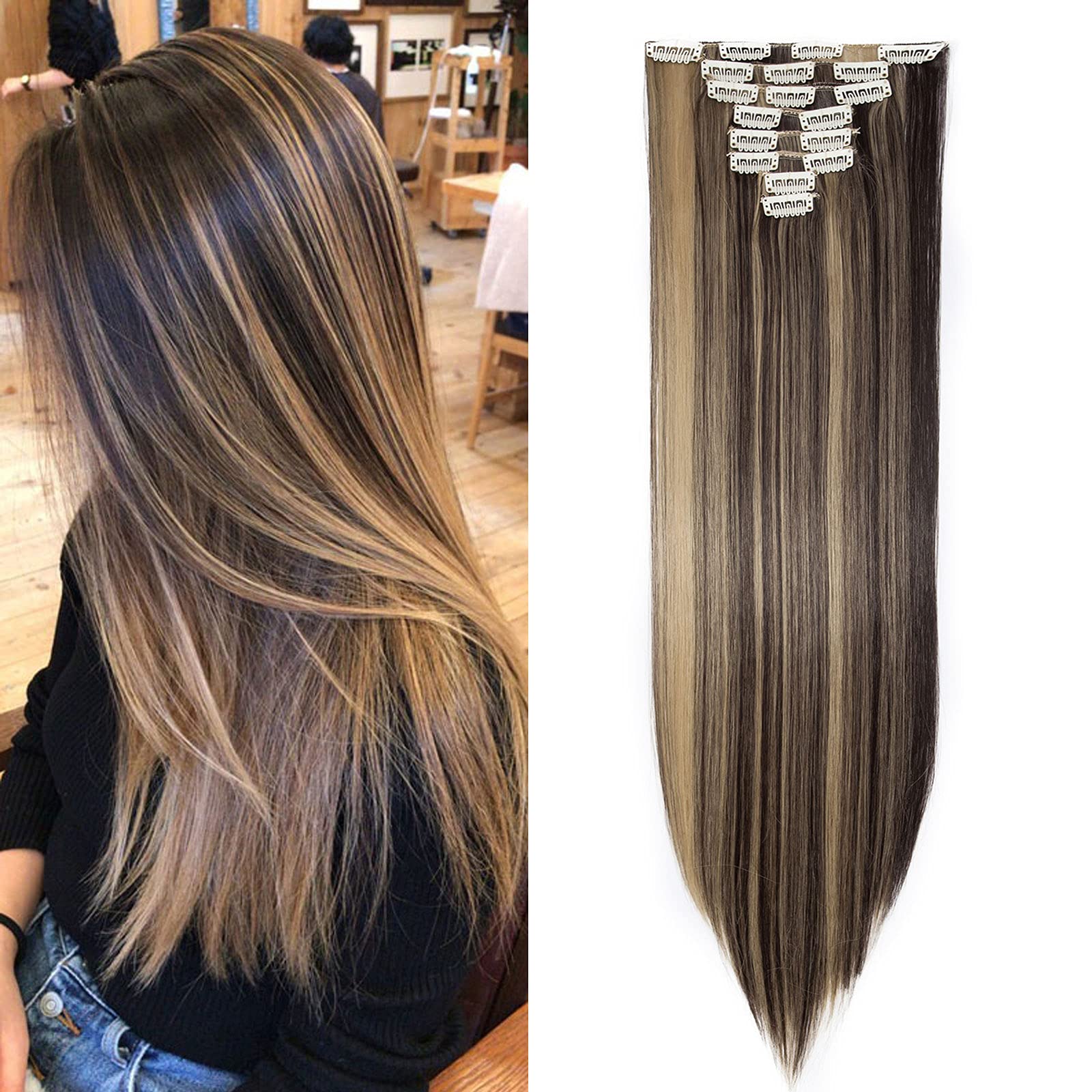 Real Fashion Extensions Clip in Hair Extension Long Straight 8 Pcs Full Head 18 Clips Synthetic Heat Resistant Hairpiece 26 Inches Straight Dark brown & ash blonde