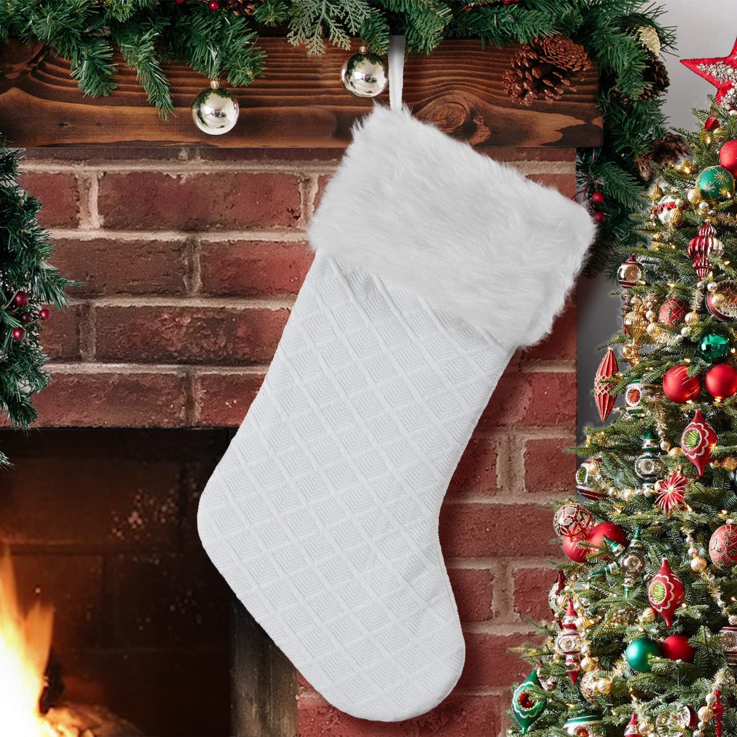 Stockings & Holders - EDLDECCO 20.5 Inches Christmas Stocking White with Faux Fur Border Trim Handicraft Xmas Tree Decoration Ornaments
