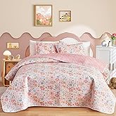 Joyreap 2 Pieces Cotton Quilt Set for Girls, Twin Size Floral Pink Flowers Design, Cozy Lightweight Quilt Bedspread Bed Cover for All Season, 1 Quilt and 1 Pillow Sham- 68x86 inches
