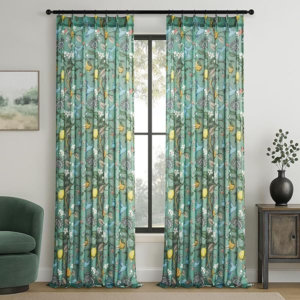 LINEN PINCH PLEATED FLORAL SHEER CURTAINS FOR BEDROOM VINTAGE FARMHOUSE LIGHT FILTERING PRIVACY SEMI SHEER CUTE LEMON HUMMINGBIRD CURTAIN FOR KIDS NURSERY LIVING ROOM 96 INCHES LONG 2 PANELS GREEN