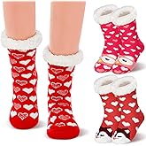Funnysoft 3 Pairs Valentines Fuzzy Slipper Socks for Women Heart Cute Patterns Warm Fluffy Winter Thick Thermal Plush Socks Non Slip House Stocking for Valentines Galentines Day Gifts