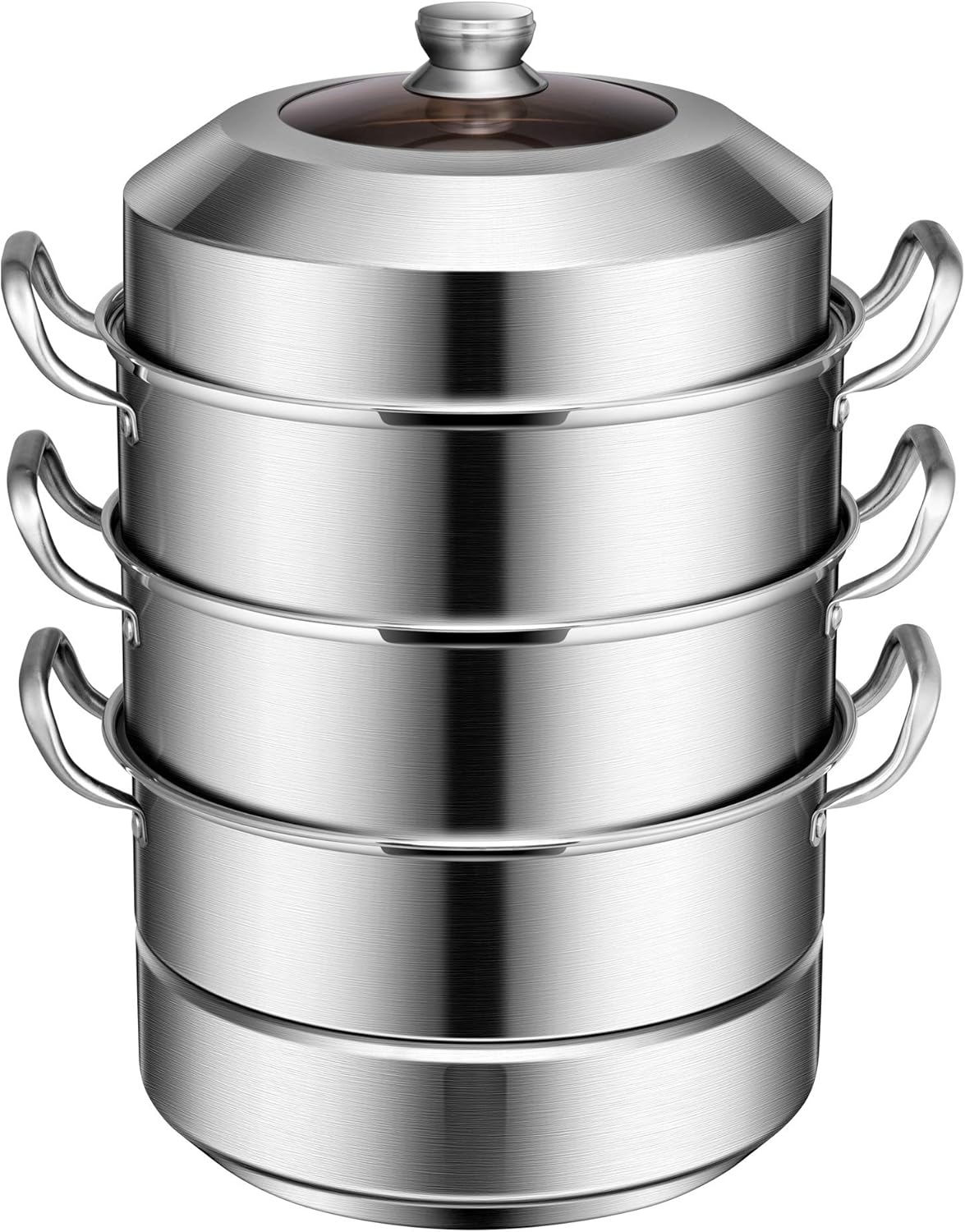 VIVOHOME 3-Tier 14.2 Inch 1mm Extra Thick 13Qt 304 Stainless Steel Steamer Pot Steaming Cookware with Tempered Glass Lid, Work with Gas, Electric, Induction Oven, Grill Stove Top, Dishwasher Safe: Kitchen & Dining