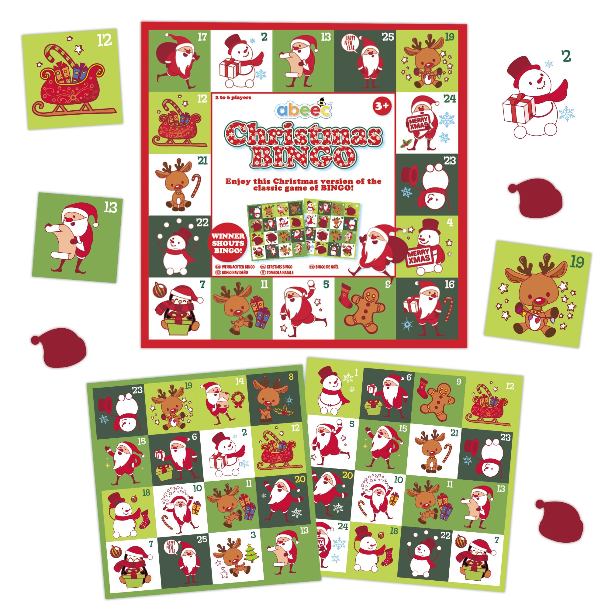 abeec Christmas Bingo Game – Festive Family Game for Kids & Adults – Includes Xmas Bingo Boards, Call Out Cards, Counters & Storage Bag – Perfect Christmas Eve Box Filler
