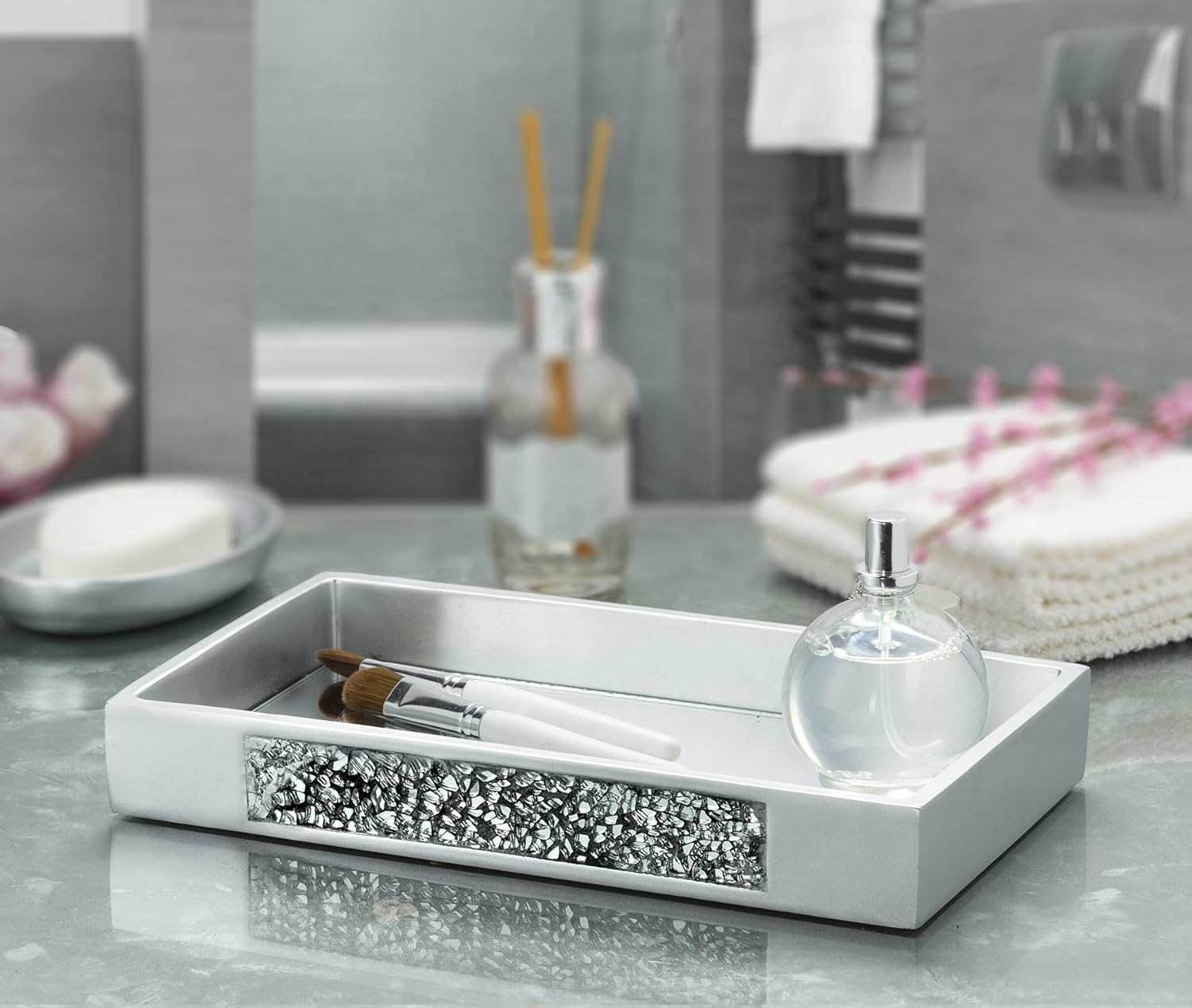 Bathroom Tray For Counter Multi Use Jewelry Makeup Tray 4 Separate Compartments Vanity Tray With Foam Feet Silver Bath Home Kitchen Fcteutonia05 De