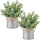 Mkono 2 Packs Small Fake Plants in Farmhouse Galvanized Pots Table Centerpiece Mini Faux Eucalyptus Potted Artificial Plants for Bathroom Shelf Room Rustic Home Decor