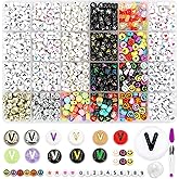 MIIIM 1200pcs 12 Styles Letter V Alphabet for Bracelets Making, 4x7mm Round Letter Beads, Vowel Beads for Friendship Bracelets Making, Numbers, Hearts in 24 Grid Box
