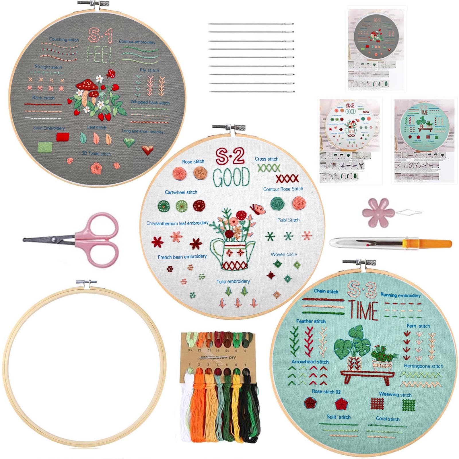 Beginners Embroidery kit,3 Sets Embroidery Kit for Adults, Learn 29 Different Stitches for Craft Lover Includes Stamped Flower Pattern, Bamboo Hoop, Color Threads, Tools, Scissors, Instructions