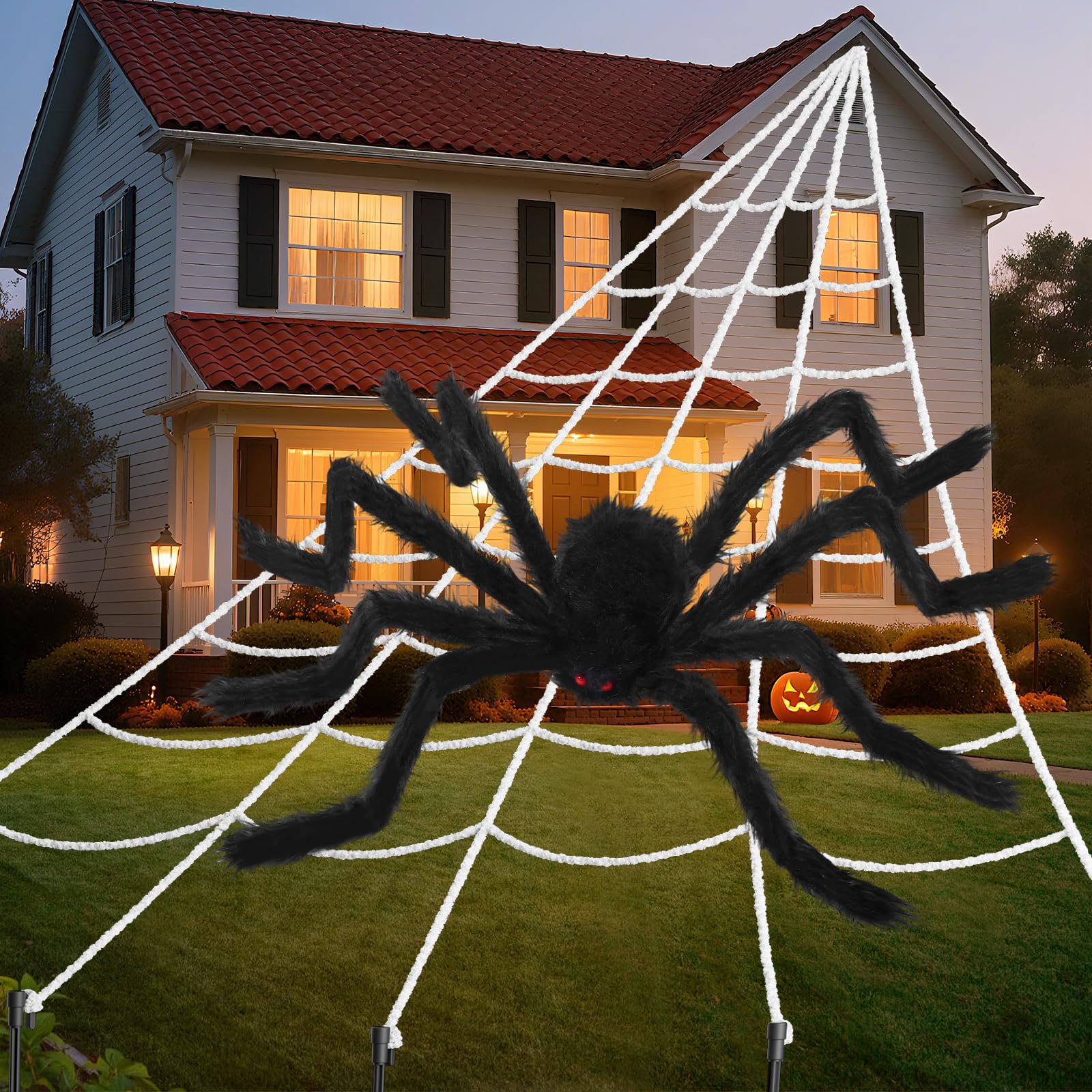 Photo 1 of Land Guard 240'' Big Spider Web Halloween Decor+70'' Huge Spider for Roof with Triangular Big Web for on House Outside and Inside