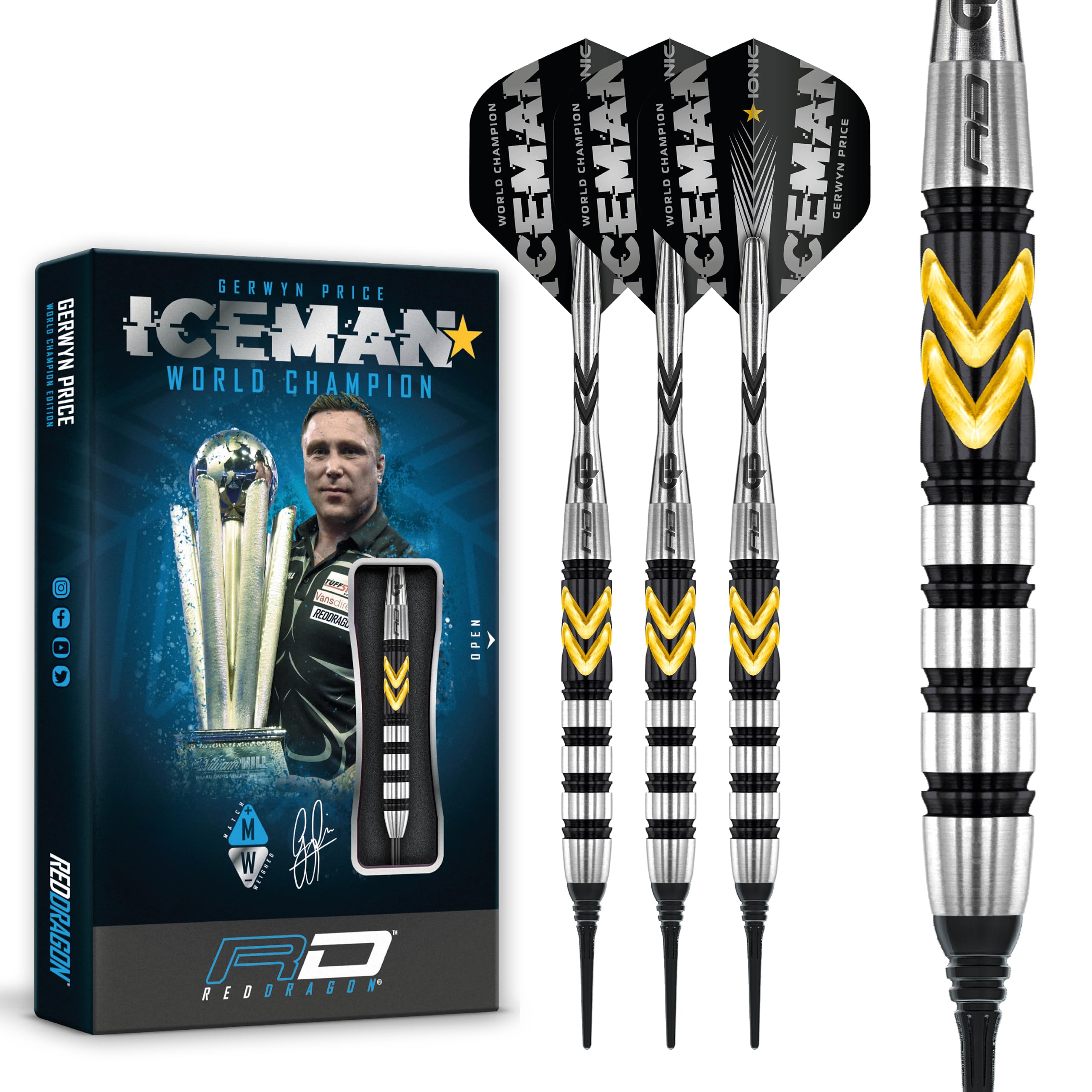 RED DRAGON Gerwyn Price Iceman Thunder Special Edition 18 gram Soft Tip Tungsten Darts Set with Flights and Shafts (Stems)