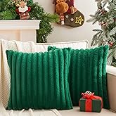 GriNeed Pack of 2 Christmas Green Pillow Covers 18x18 Inch Decorative Faux Fur Emerald Throw Pillow Cover, Soft Lumbar Plush Pillowcases for Couch Sofa Bed Living Room, Fluffy Cute Home Boho Decor
