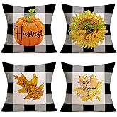 Easternproject Set of 4 Fall Decorative Pillow Covers Buffalo Check Plaids Pumpkin Maple Leaf Sunflower Farmhouse Decor Cotton Linen Throw Pillow Cover Cushion Case 18x18 Inch Autumn Thanksgiving Gift