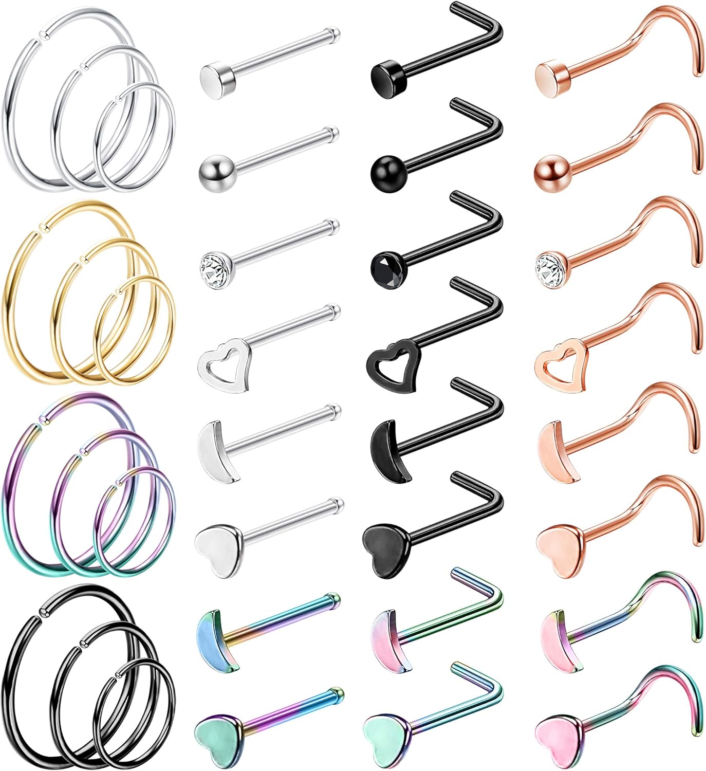 UBGICIG 20G 36Pcs Stainless Steel Nose Rings Nose Studs CZ