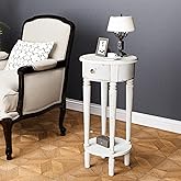 HOMPUS Tall End Table with Drawer, 2-Tier Rustic Round Side Table with 4 Wood Leg, White Nightstand with Hand-Painted Finish,