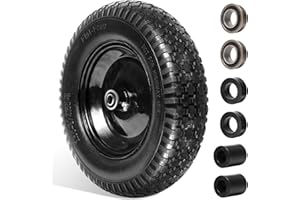 PONTUSS 4.80/4.00-8" Flat Free Tire Wheelbarrow Tire with 3/4 & 5/8 Wheel Bearing 3" Hub 13"-16" Universal Fit Air Less Tire Solid Wheelbarrow Tire for Garden Cart Wagon Ribbed Tread (black 1pc)