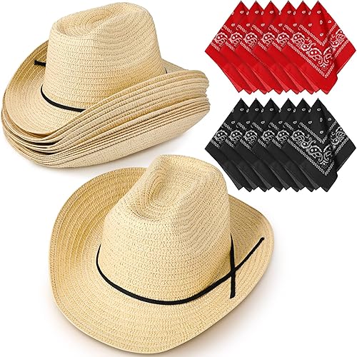 SATINIOR 12 Set Straw Cowboy Hats Bandanas Cowboy Party Hat Costume  with Head Bandana(Beige,Classic Style) in Oman Whizz Cowboy Hats