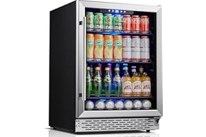 Phiestina Beverage Refrigerator 175 Cans Under Counter Beer Cooler 24 inch Quiet Built-in or Freestanding Beverage Fridge Glass Door Auto Defrost 5 Removable Shelves for Home Bar Office