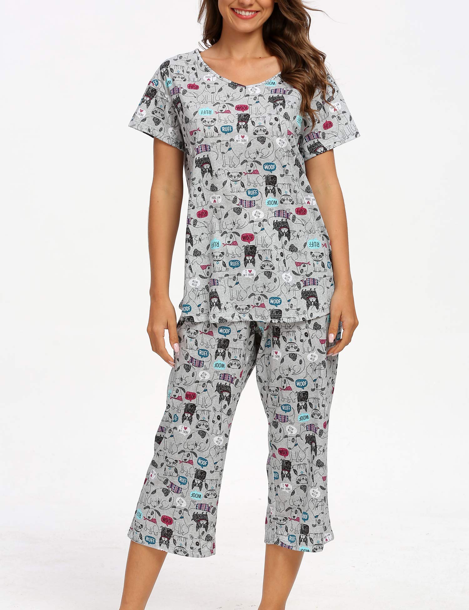 ENJOYNIGHT Women\'s Cute Sleepwear Tops with Capri Pants Pajama Sets (Dog, Medium)