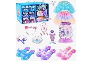 EVIMIS Princess Dress Up, Little Mermaid Costume Toys for Girls- Accessories Set with Light Up Shoes, Skirts, Crown, Wand, Mermaid Bag, Princess Toys for Girls Age 3 4 5 6 Year Old Birthday Party Favors