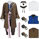 GVLAQST Men Pirate Costume Jack Sparrow Coat Vest Sash Pants Belt Goatee Beads Halloween Renaissance Party Outfit Brown